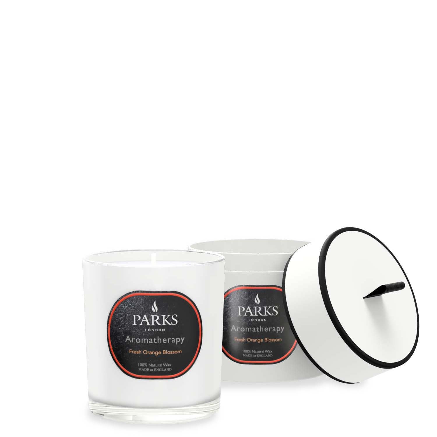 Parks Candles fresh orange blossom scented candle in a 220g glass jar, ideal for home aromatherapy and relaxing ambiance.