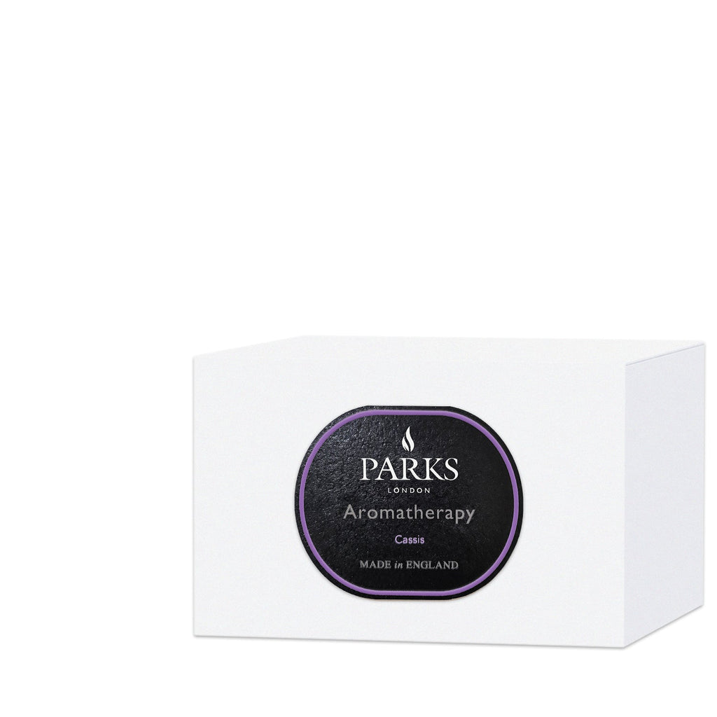 Parks Candles Cassis 3-wick scented candle in a 350g glass jar with a decorative gift box, featuring a rich cassis fragrance.