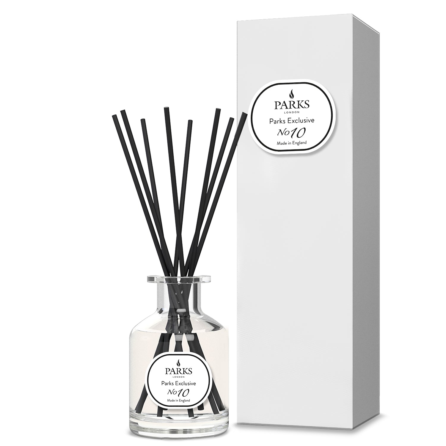 Parks Candles NO10 Lime, Basil, and Mandarin reed diffuser in a 100ml glass bottle with reed sticks.