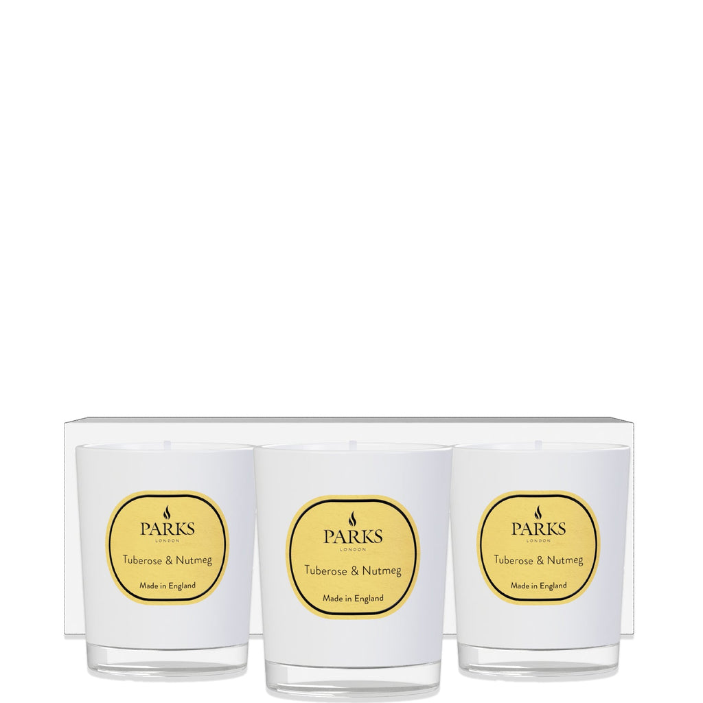 Set of three Parks Candles vintage aromatherapy candles in tuberose and nutmeg scent, each in 50g tins, displayed together.