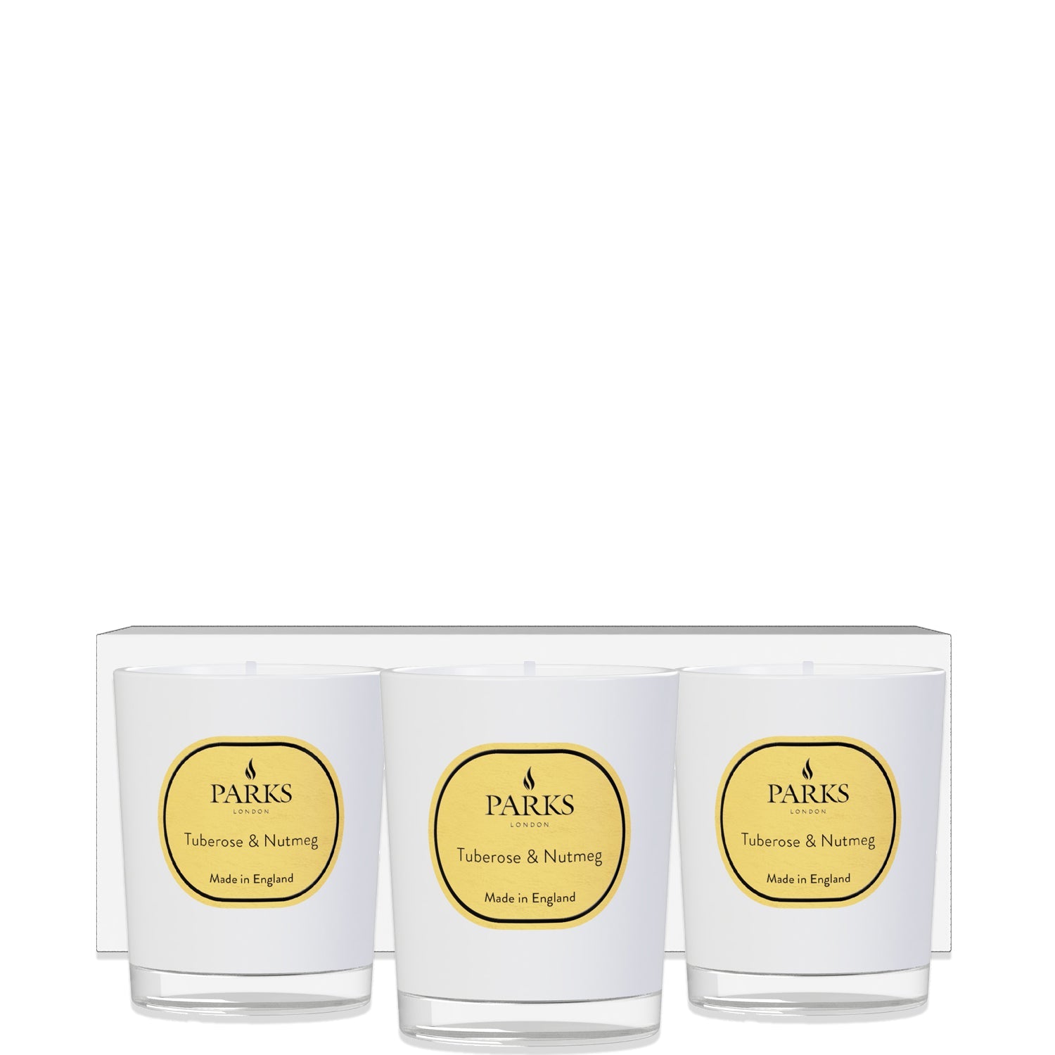 Set of three Parks Candles vintage aromatherapy candles in tuberose and nutmeg scent, each in 50g tins, displayed together.