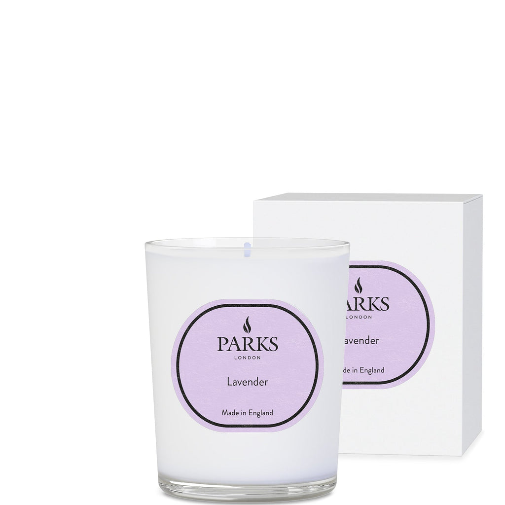 Lavender scented candle in a 180g Parks Candles jar with a vintage-inspired label, perfect for aromatherapy and relaxation.