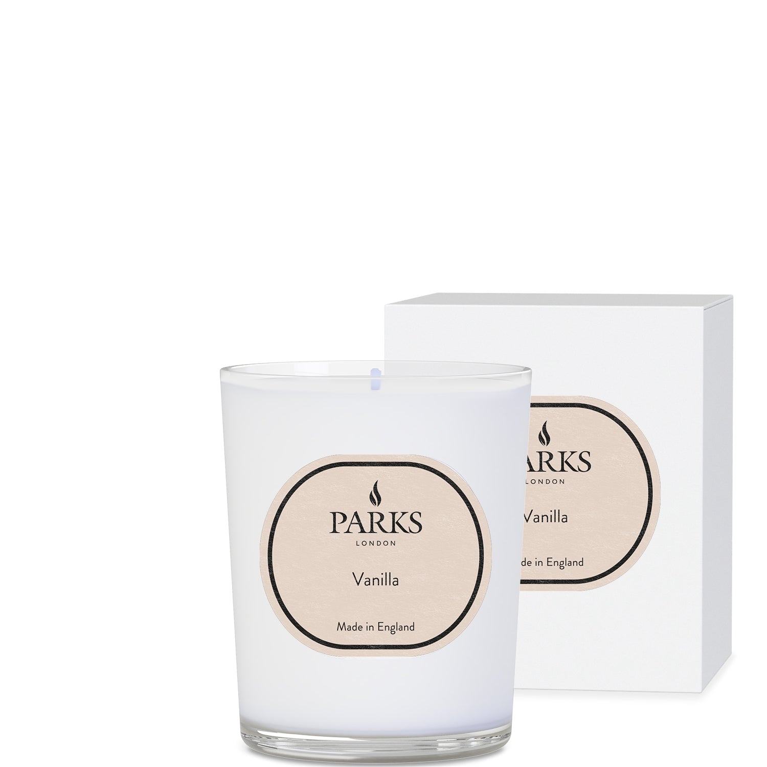 Parks Candles vanilla scented candle in 180g glass jar with a lit wick, showcasing a warm, inviting glow.