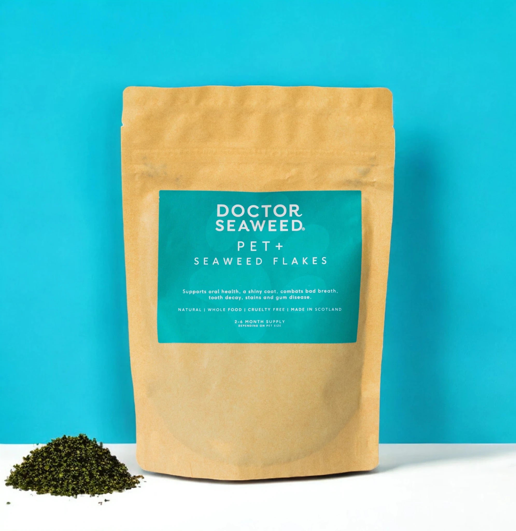 Doctor Seaweed Pet+ supplement bottle with label, featuring a green and white design and a pet-themed graphic on the label.