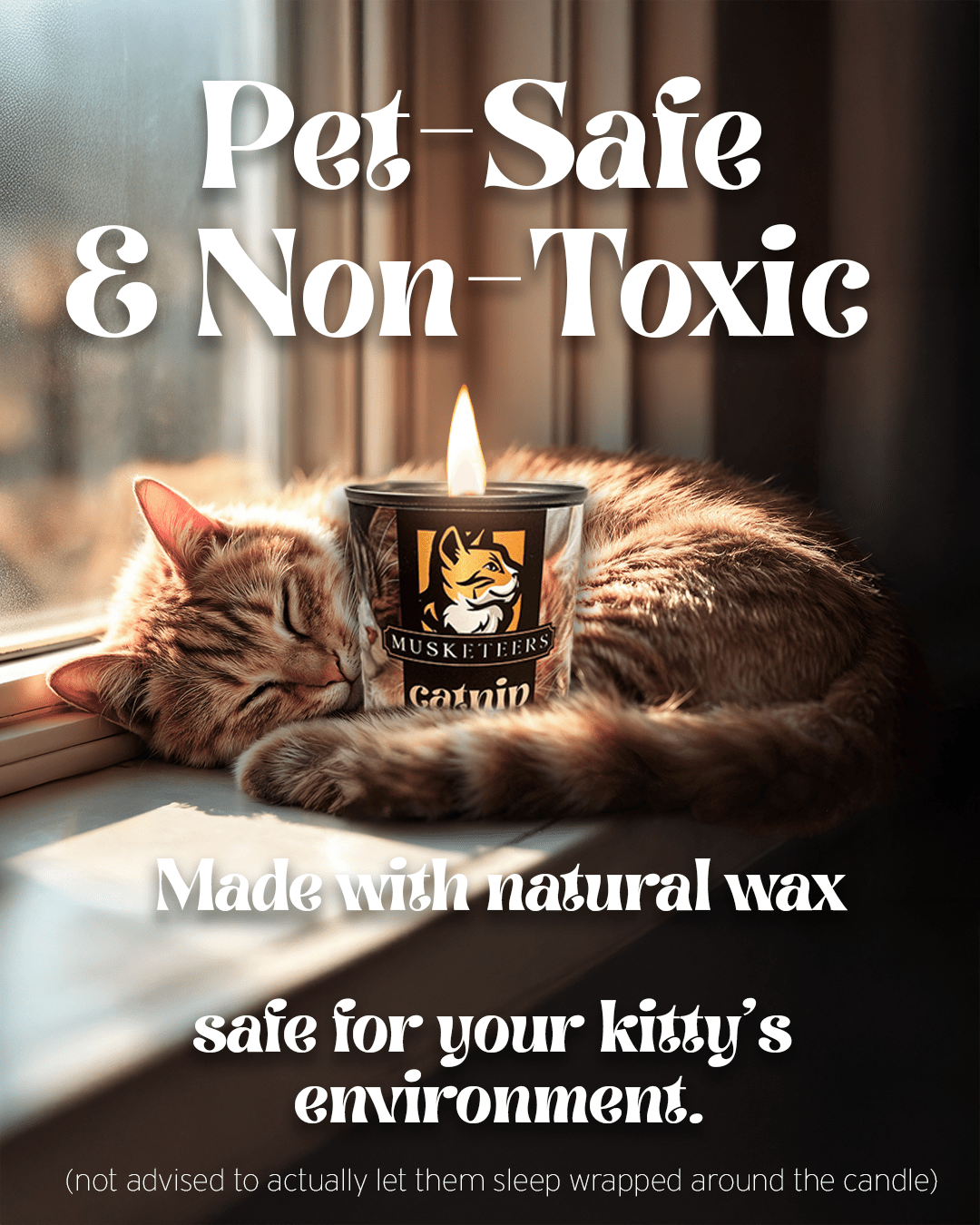 Natural catnip candle for cats by Musketeers, featuring pure catnip essential oil and a pet-safe, non-toxic design.