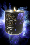 Black iris and musk scented Candle from Musketeers, Midnight Bloom flavor, with a black wax finish and minimalist design.