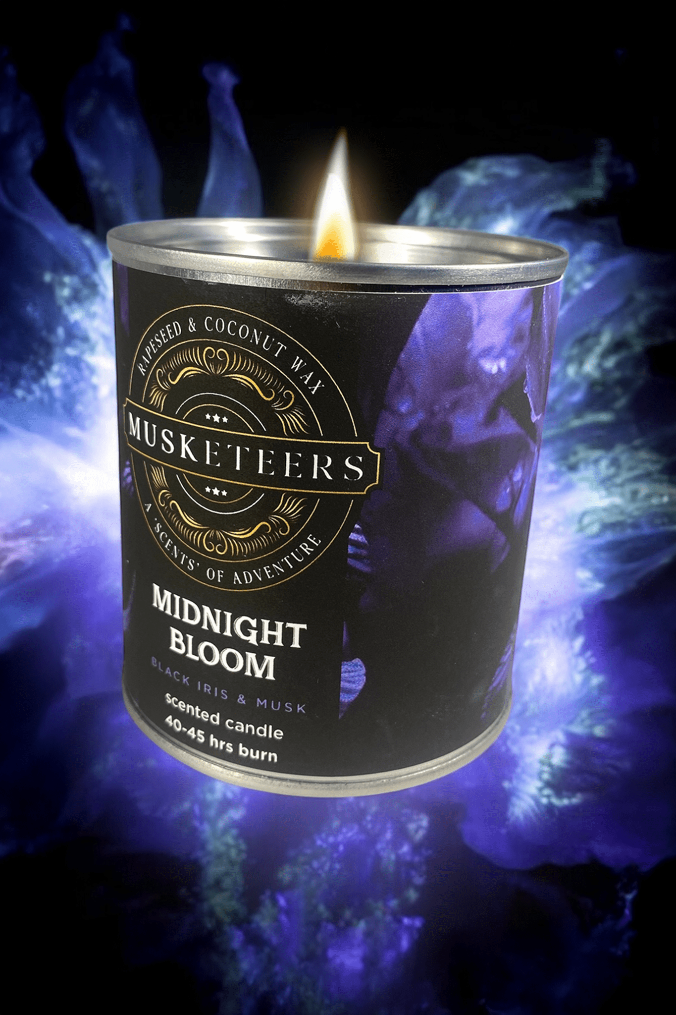 Black iris and musk scented Candle from Musketeers, Midnight Bloom flavor, with a black wax finish and minimalist design.