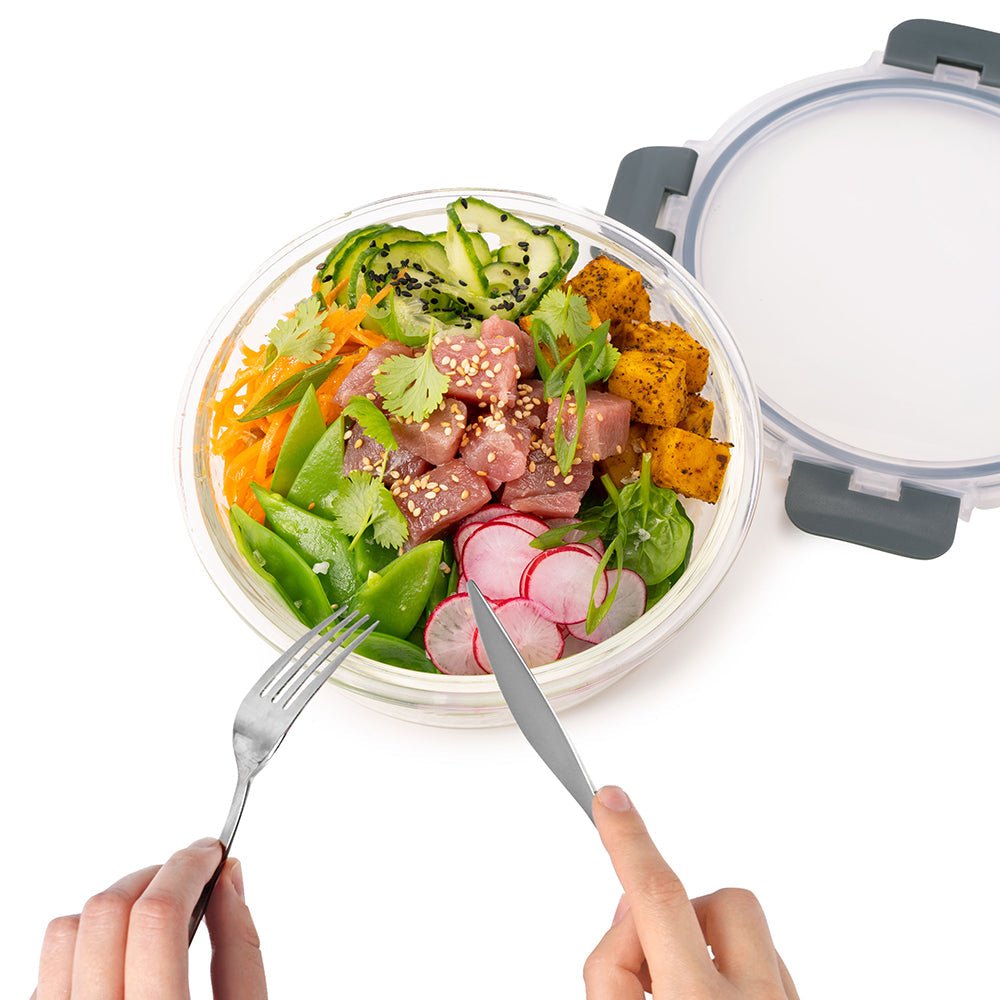 Set of three Igluu Meal Prep glass stackable round containers in 950ml, 650ml, and 400ml for food storage and organization.