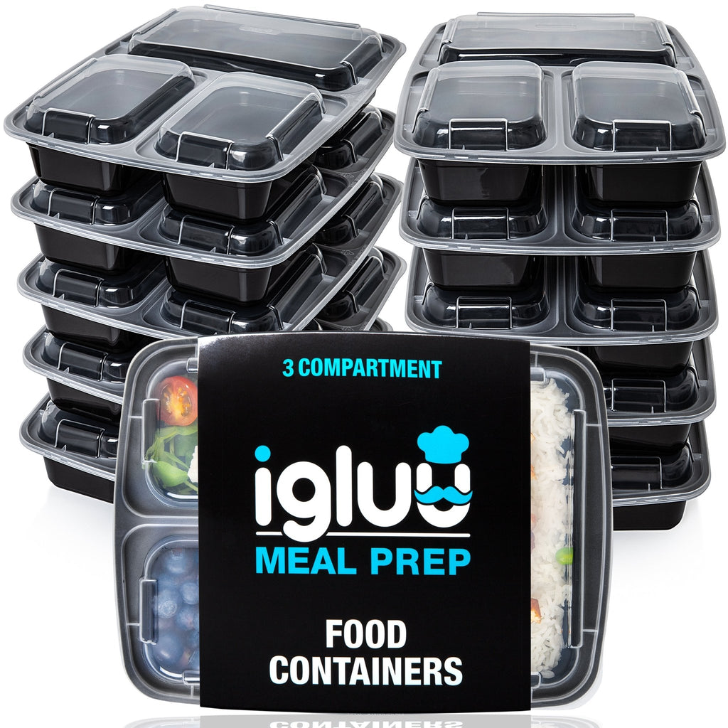 Profile view of Igluu Meal Prep 3-compartment reusable containers with airtight lids, 946ml meal prep storage.