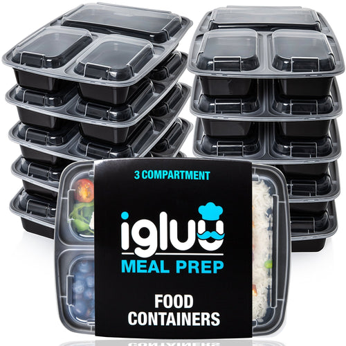 Profile view of Igluu Meal Prep 3-compartment reusable containers with airtight lids, 946ml meal prep storage.