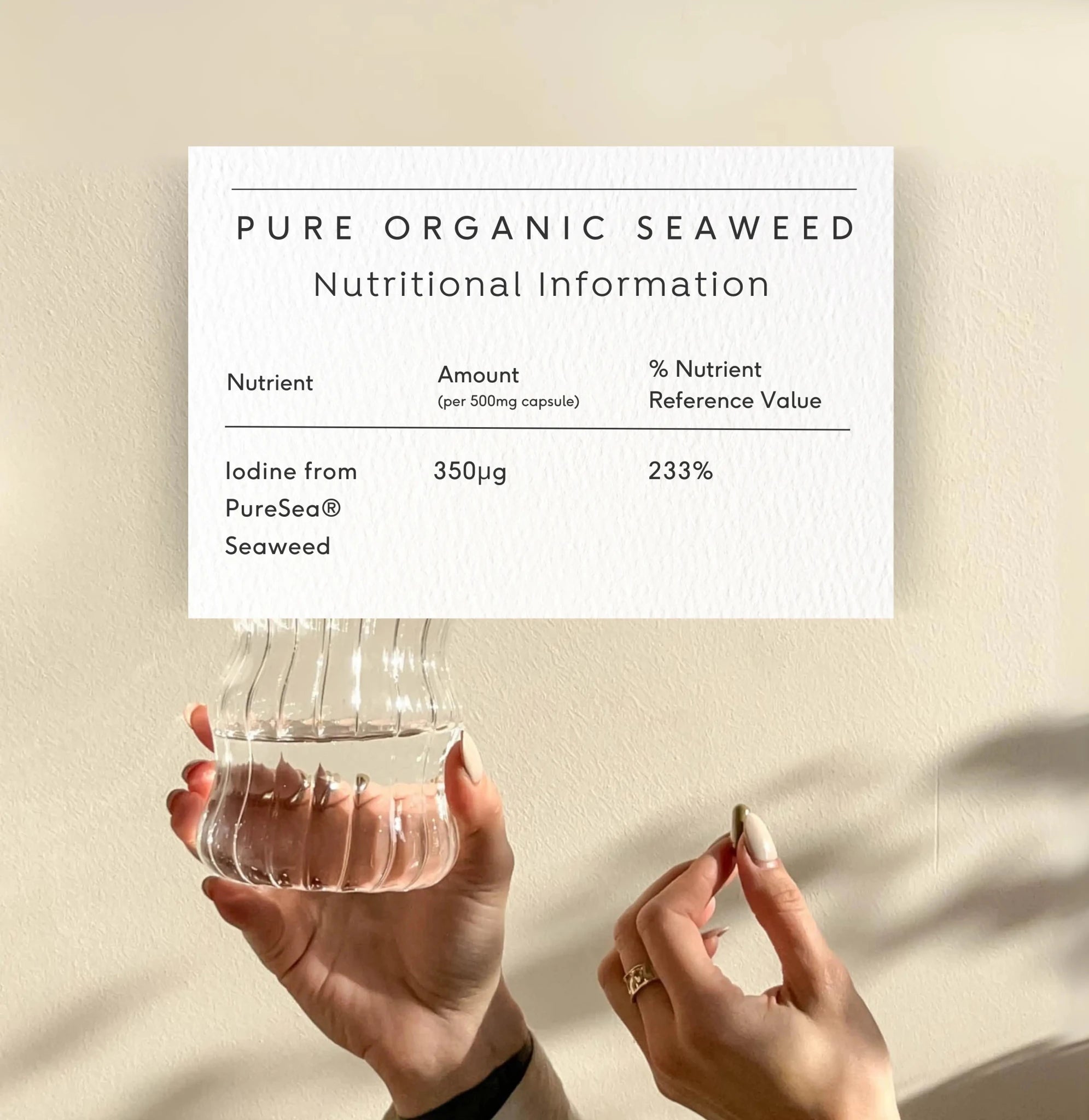 Nutritional table for Doctor Seaweed's pure organic seaweed supplement, showing health benefits and ingredient details.