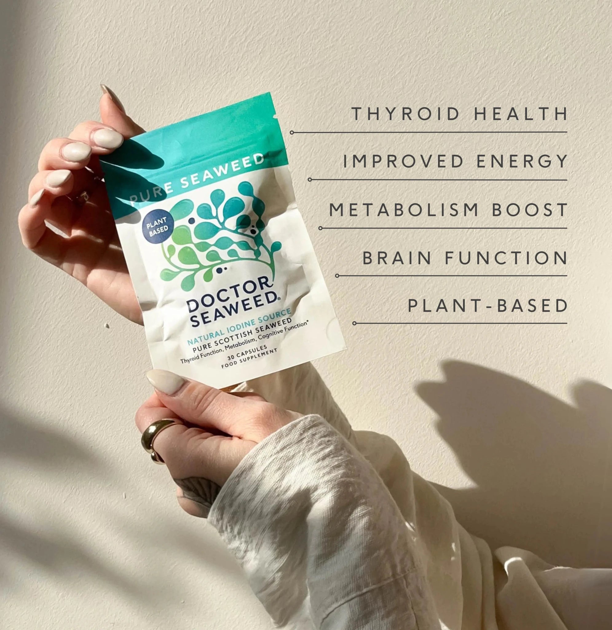 Infographic of Doctor Seaweed Pure Organic Seaweed supplement, showing natural seaweed ingredients and health benefits.