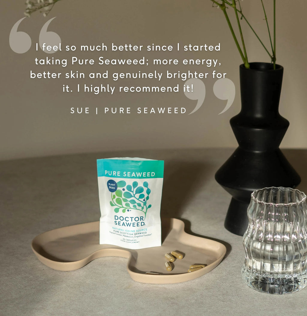 Doctor Seaweed Pure Organic Seaweed supplement in a glass jar, showcasing fresh seaweed leaves and health benefits.