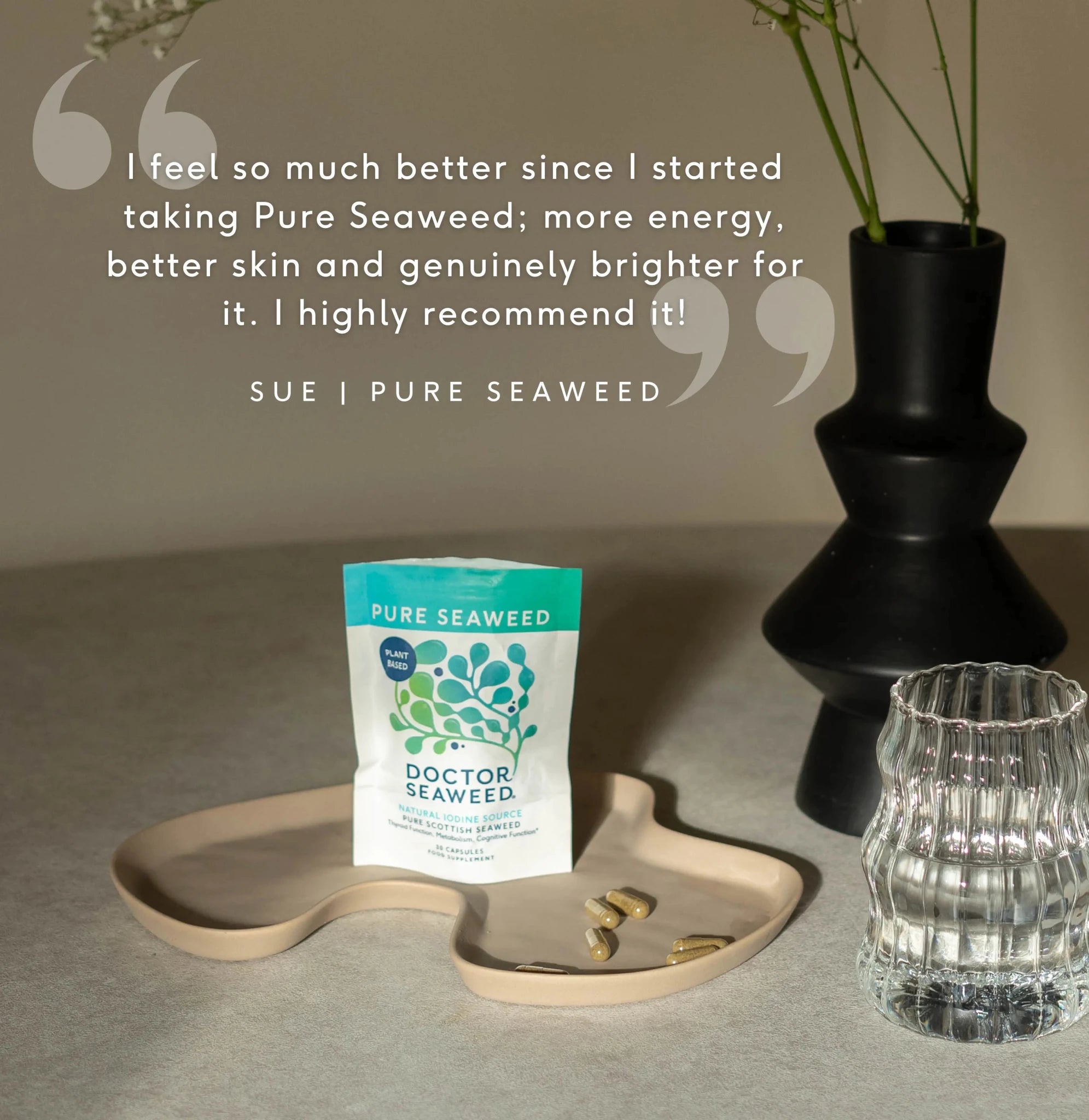 Doctor Seaweed Pure Organic Seaweed supplement in a glass jar, showcasing fresh seaweed leaves and health benefits.