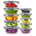 Set of 10 Igluu Meal Prep round glass containers with airtight lids, 950ml and 400ml capacity for meal storage.