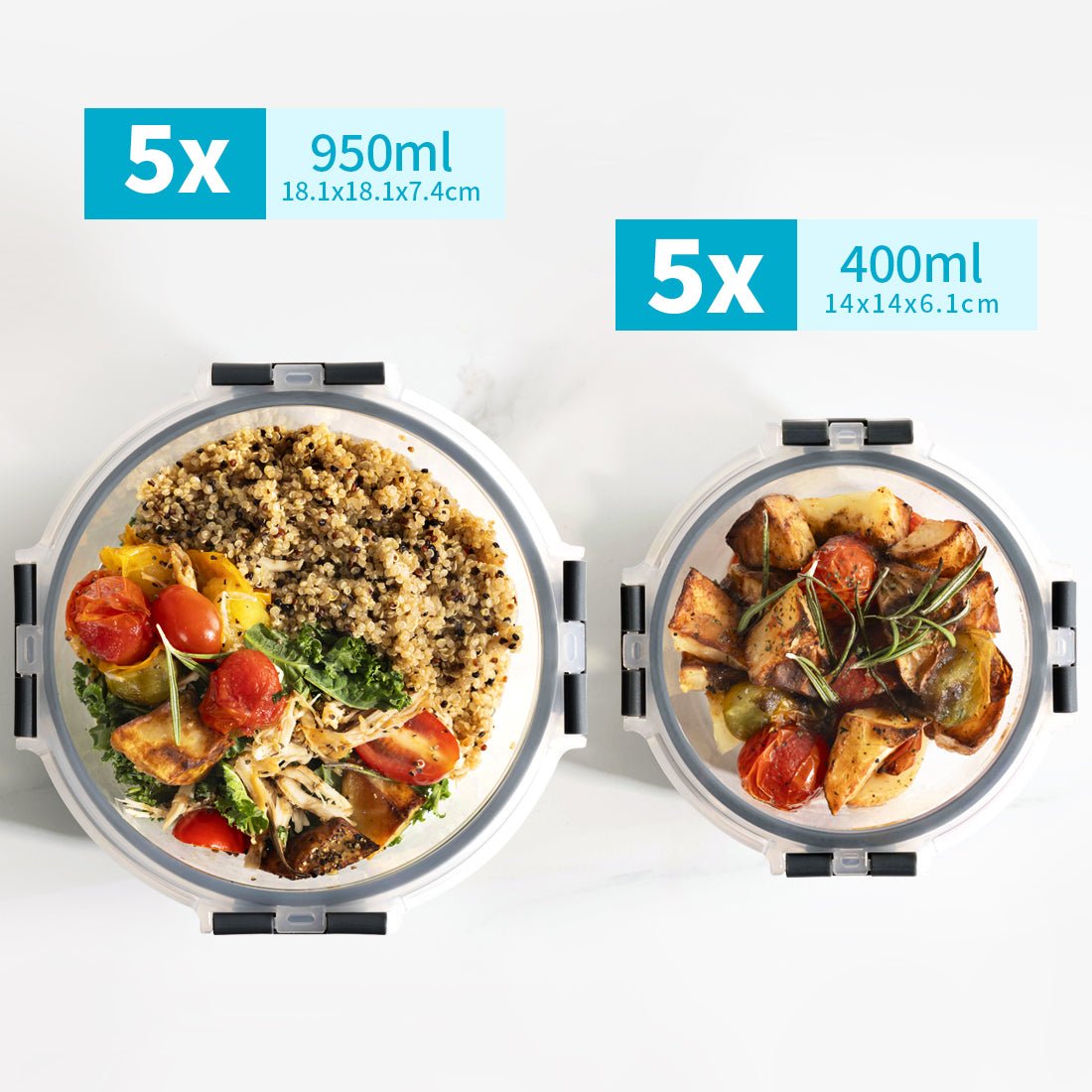 Set of 10 Igluu Meal Prep round glass containers with airtight lids in 950ml and 400ml sizes for meal storage.
