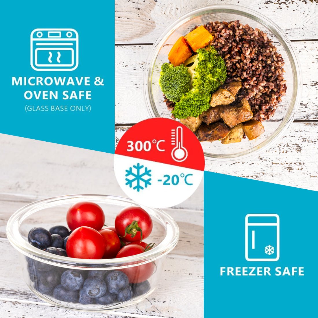 Set of 10 Igluu Meal Prep round glass containers with airtight lids in 950ml and 400ml sizes, perfect for meal storage.