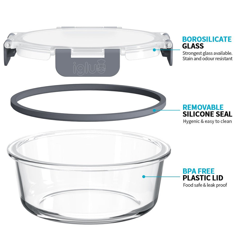 Set of 10 Igluu Meal Prep round glass containers with airtight lids in 950ml and 400ml sizes, displayed with lids on and off.