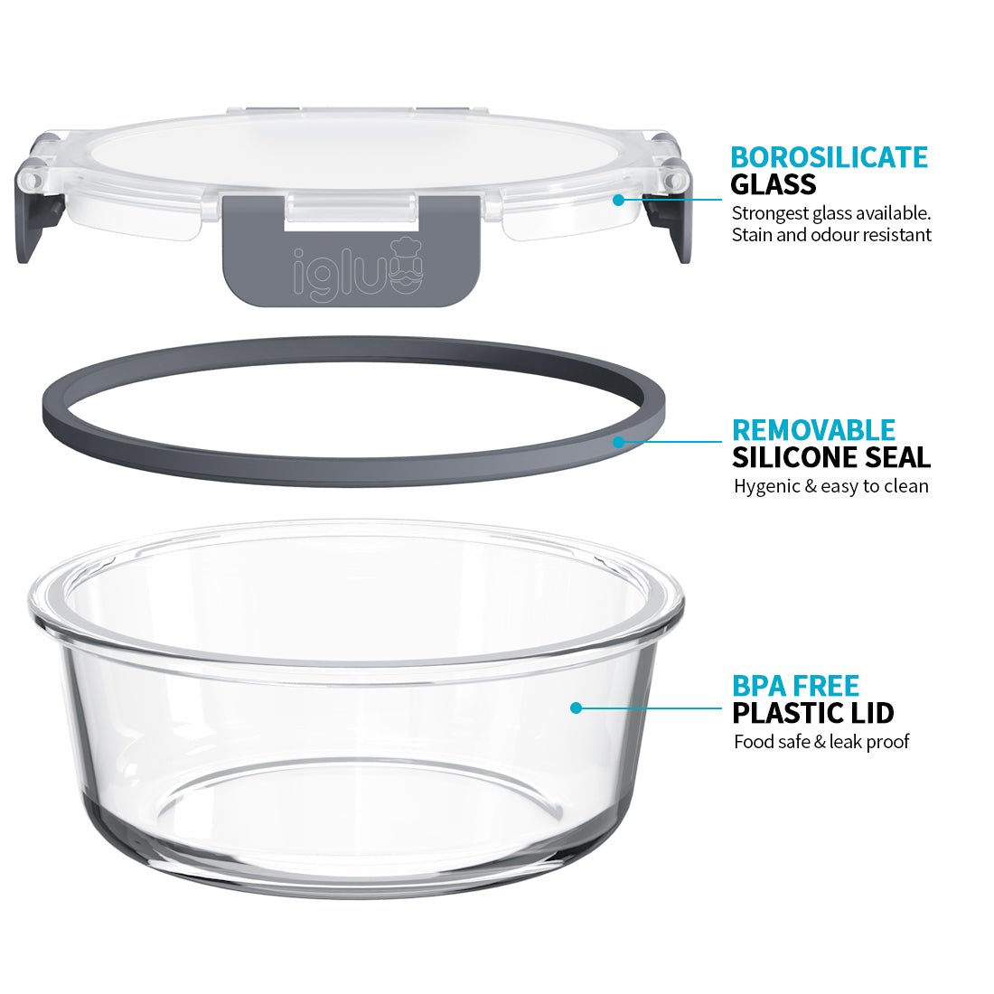 Set of 10 Igluu Meal Prep round glass containers with airtight lids in 950ml and 400ml sizes, displayed with lids on and off.