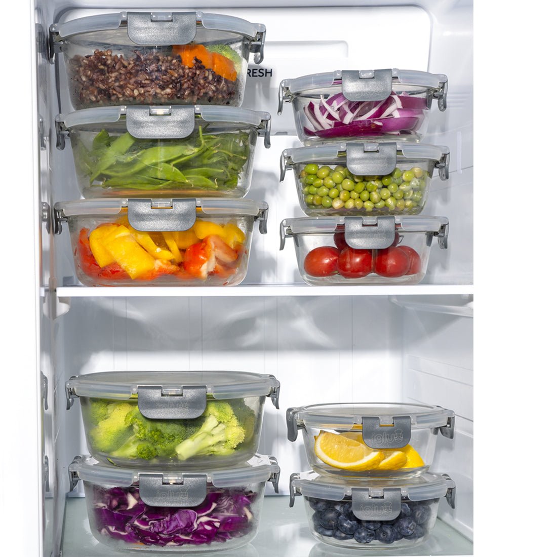Set of 10 Igluu Meal Prep round glass containers with airtight lids in 950ml and 400ml sizes, ideal for meal storage.