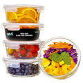 Set of five Igluu Meal Prep round glass containers with steam vent lids, 950ml capacity, plus one extra lid for meal storage.