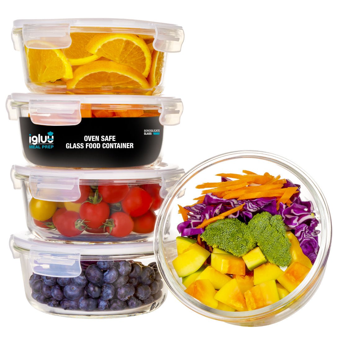 Set of five Igluu Meal Prep round glass containers with steam vent lids, 950ml capacity, plus one extra lid for meal storage.