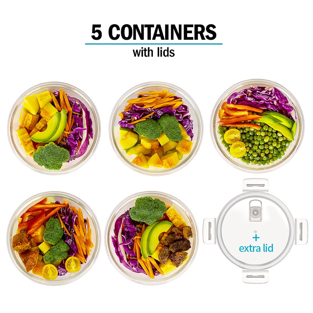 Set of five Igluu Meal Prep round glass containers with steam vent lids, 950ml capacity, plus one extra lid, for meal storage.