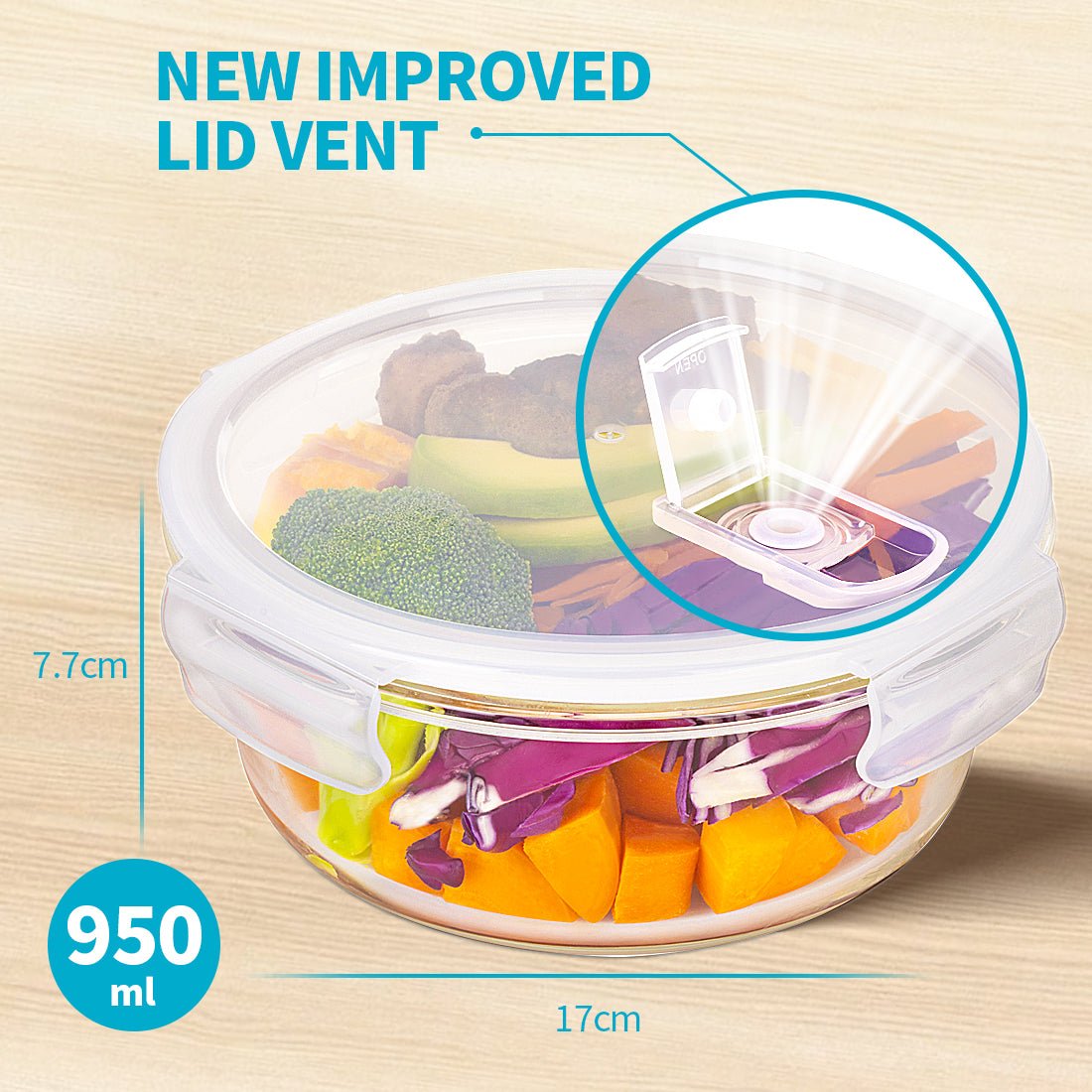 Set of five Igluu Meal Prep round glass containers with steam vent lids, 950ml capacity, plus one extra lid for meal prep storage.