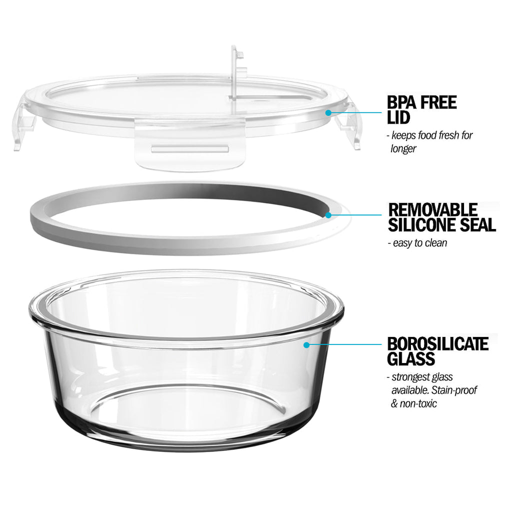 Set of five Igluu Meal Prep round glass containers with steam vent lids, 950ml capacity, plus one extra lid for convenient meal storage.
