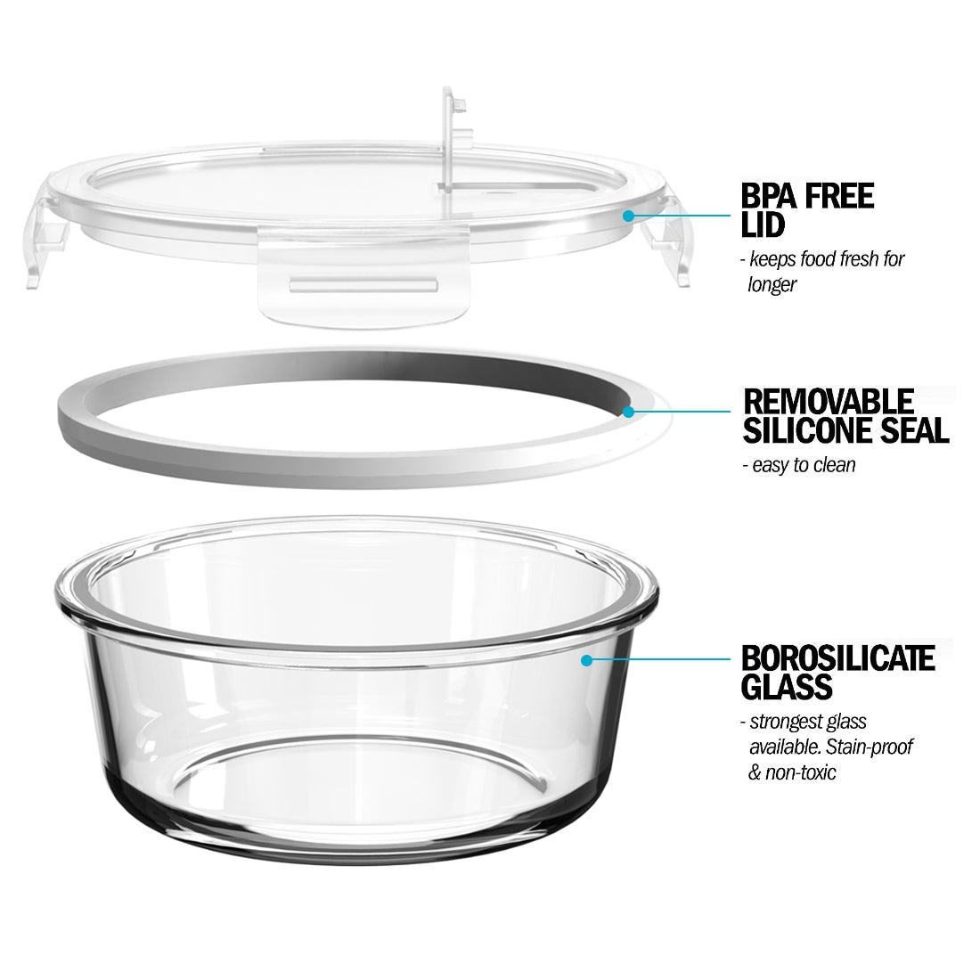 Set of five Igluu Meal Prep round glass containers with steam vent lids, 950ml capacity, plus one extra lid for convenient meal storage.
