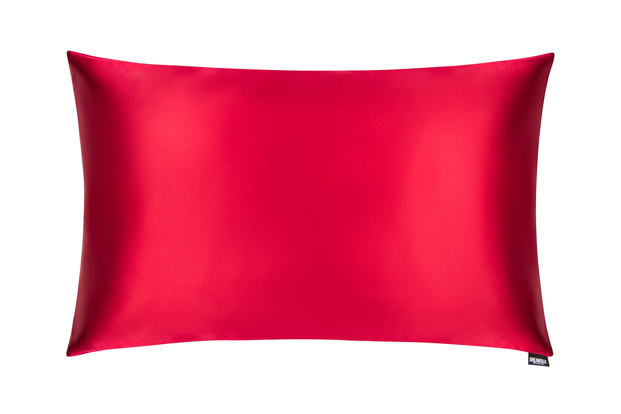Red luxury silk pillowcase by DREAMSILK, showcasing smooth, shiny silk fabric perfect for a comfortable sleep.