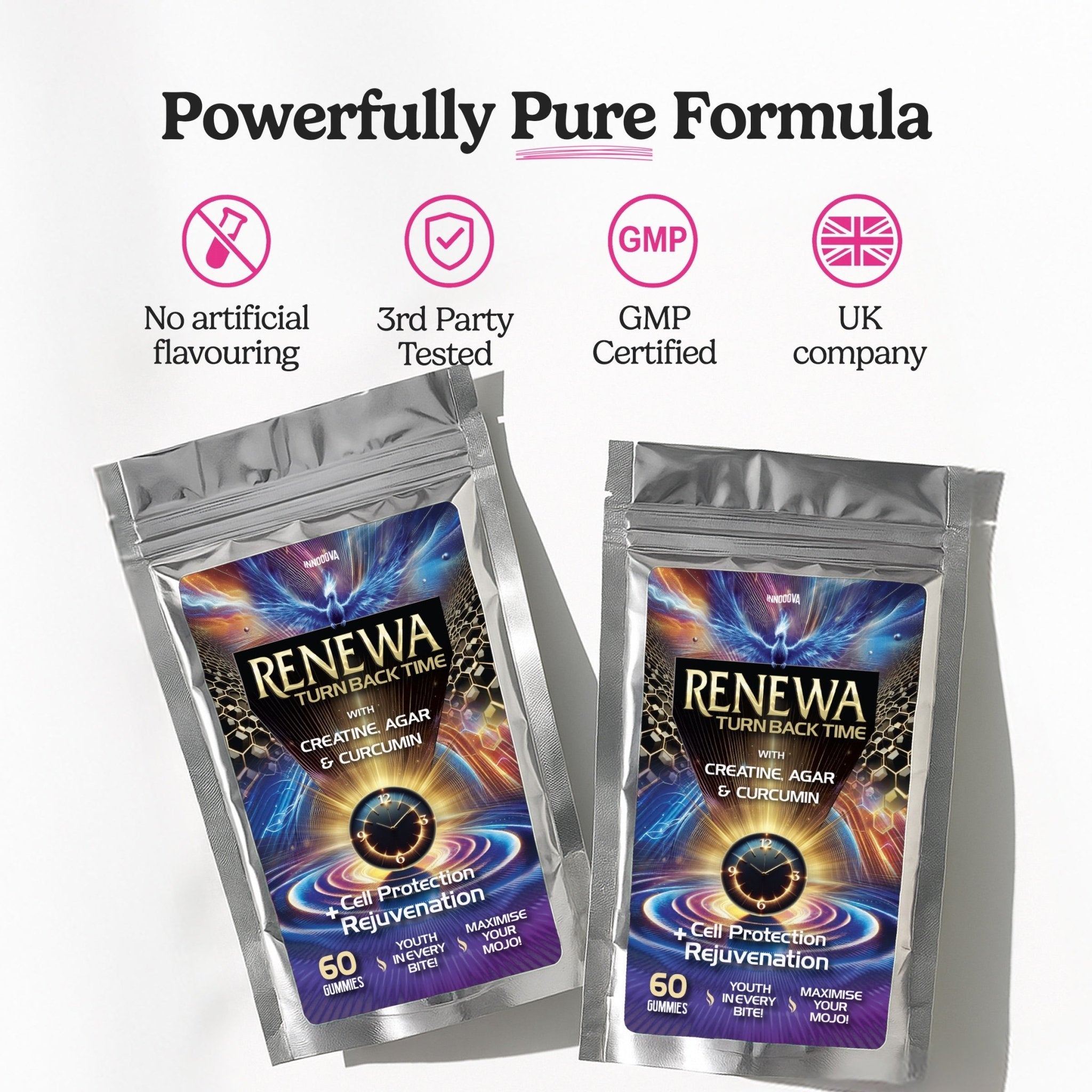 Innooova Renewa x60 Gummies featuring creatine and curcumin, displayed with a close-up of the gummy supplements on a white background.