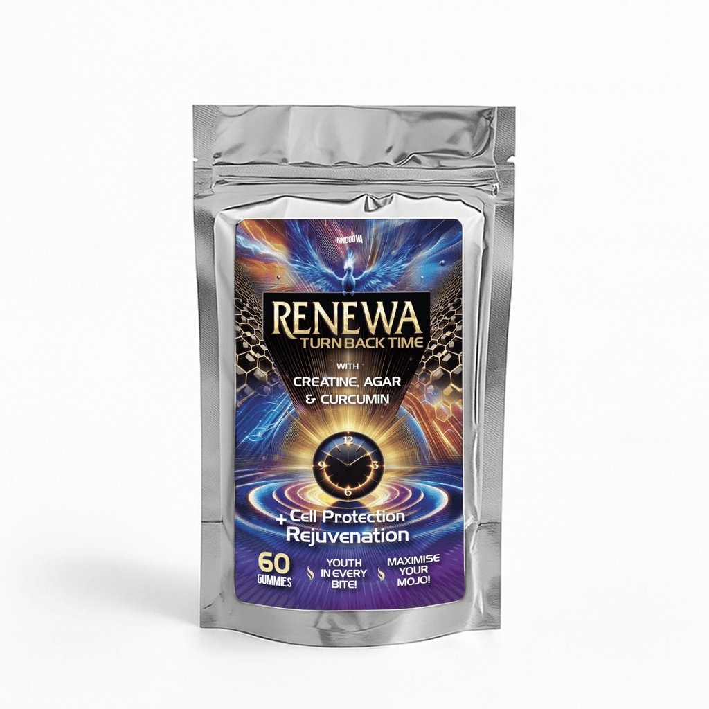 Innooova Renewa x60 Gummies with creatine and curcumin, featuring a colorful bottle with 60 gummies and a bright label.