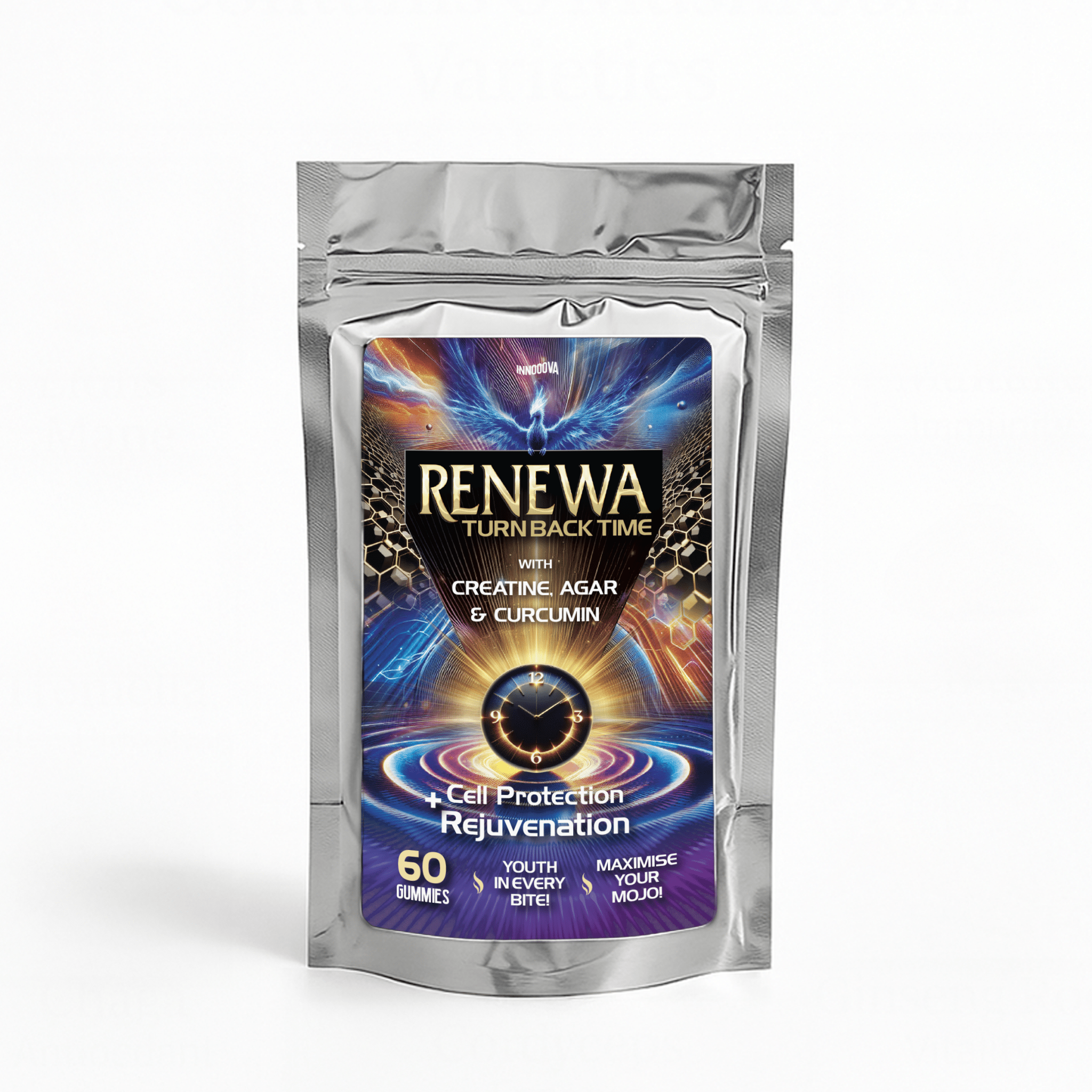 Innooova Renewa x60 Gummies with creatine and curcumin, featuring a colorful bottle with 60 gummies and a bright label.