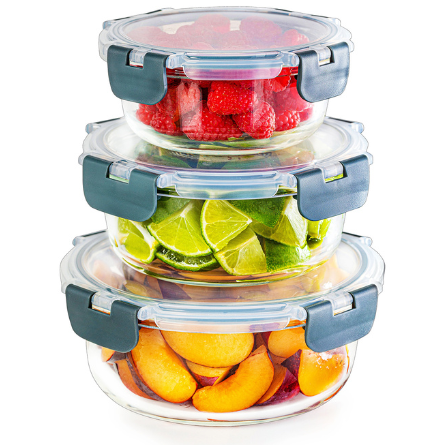 Set of three Igluu Meal Prep glass stackable round containers in 950ml, 650ml, and 400ml for food storage and organization.