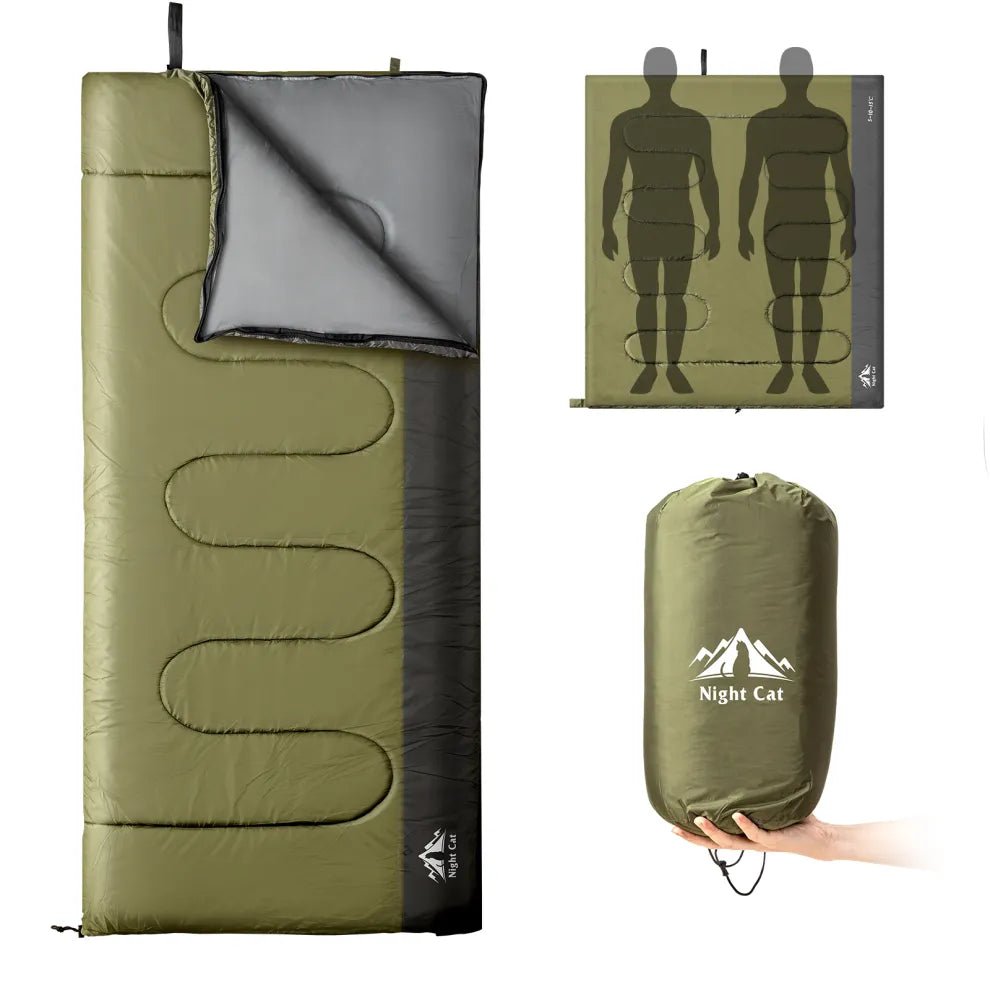 HikeWare lightweight sleeping bag for adults, 3-season backpacking gear, shown in a compact, insulated design suitable for outdoor camping.