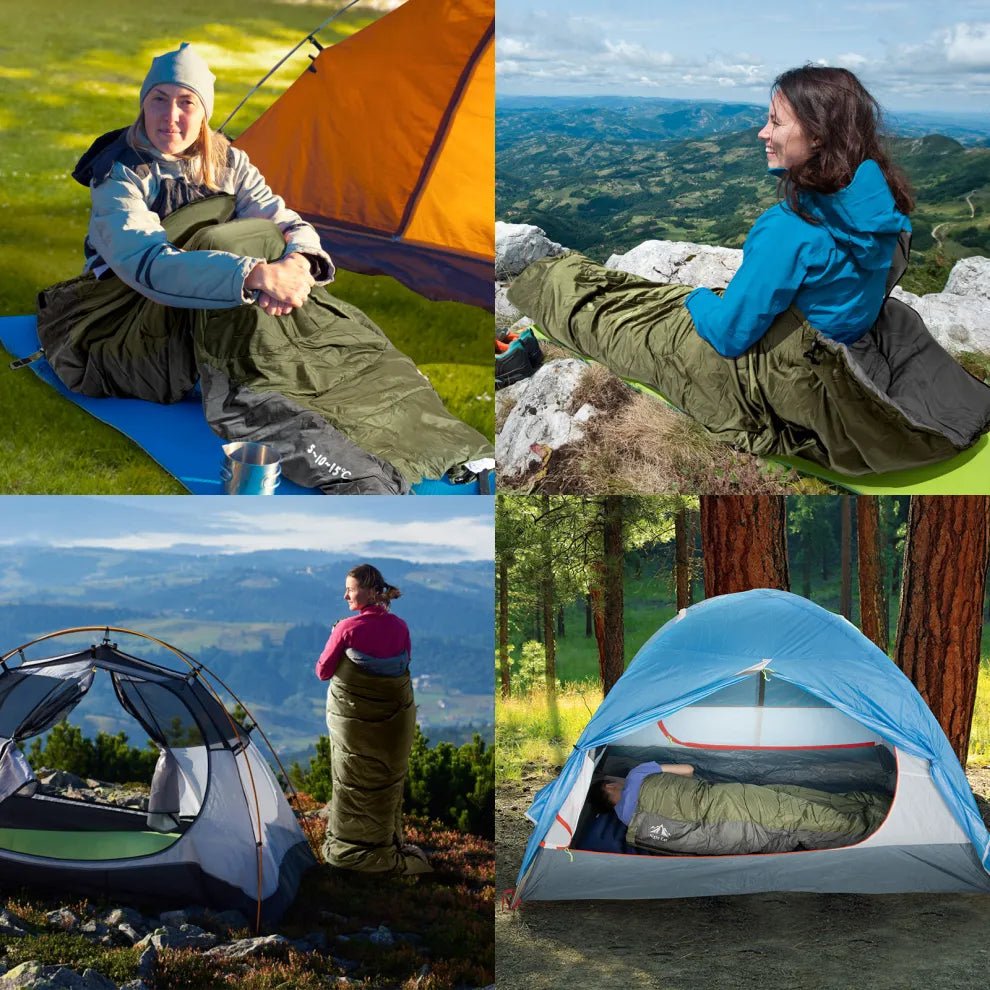 HikeWare Night Cat lightweight sleeping bag for adults, suitable for 3-season backpacking, shown in compact, insulated design.