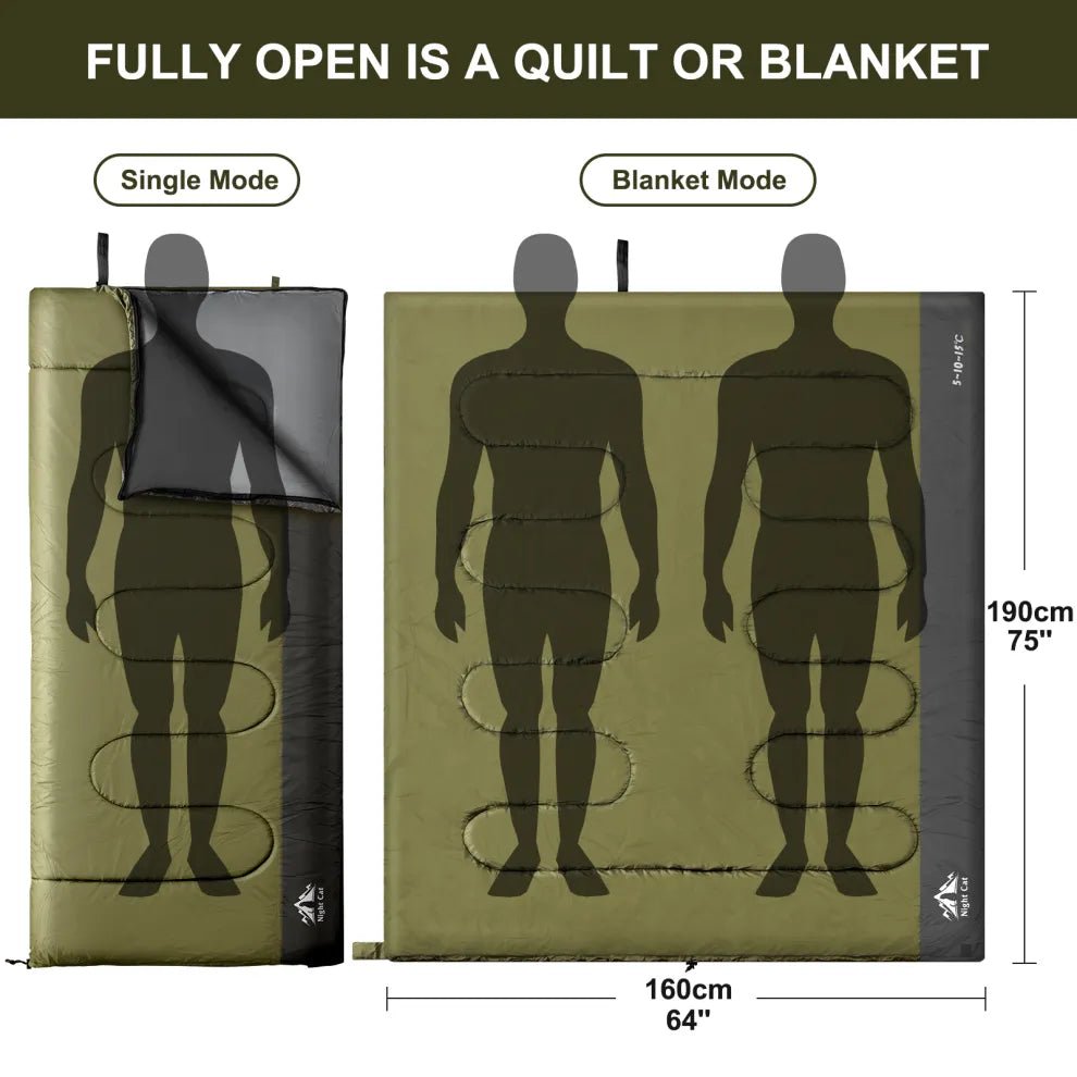 HikeWare Night Cat lightweight 3-season sleeping bag for adults, insulated for backpacking and camping comfort.