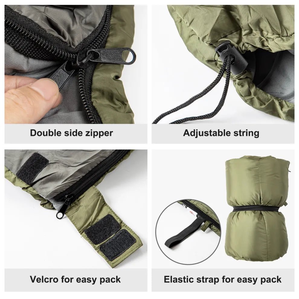 HikeWare Night Cat lightweight sleeping bag for adults, suitable for 3-season backpacking and camping. Compact and insulated.