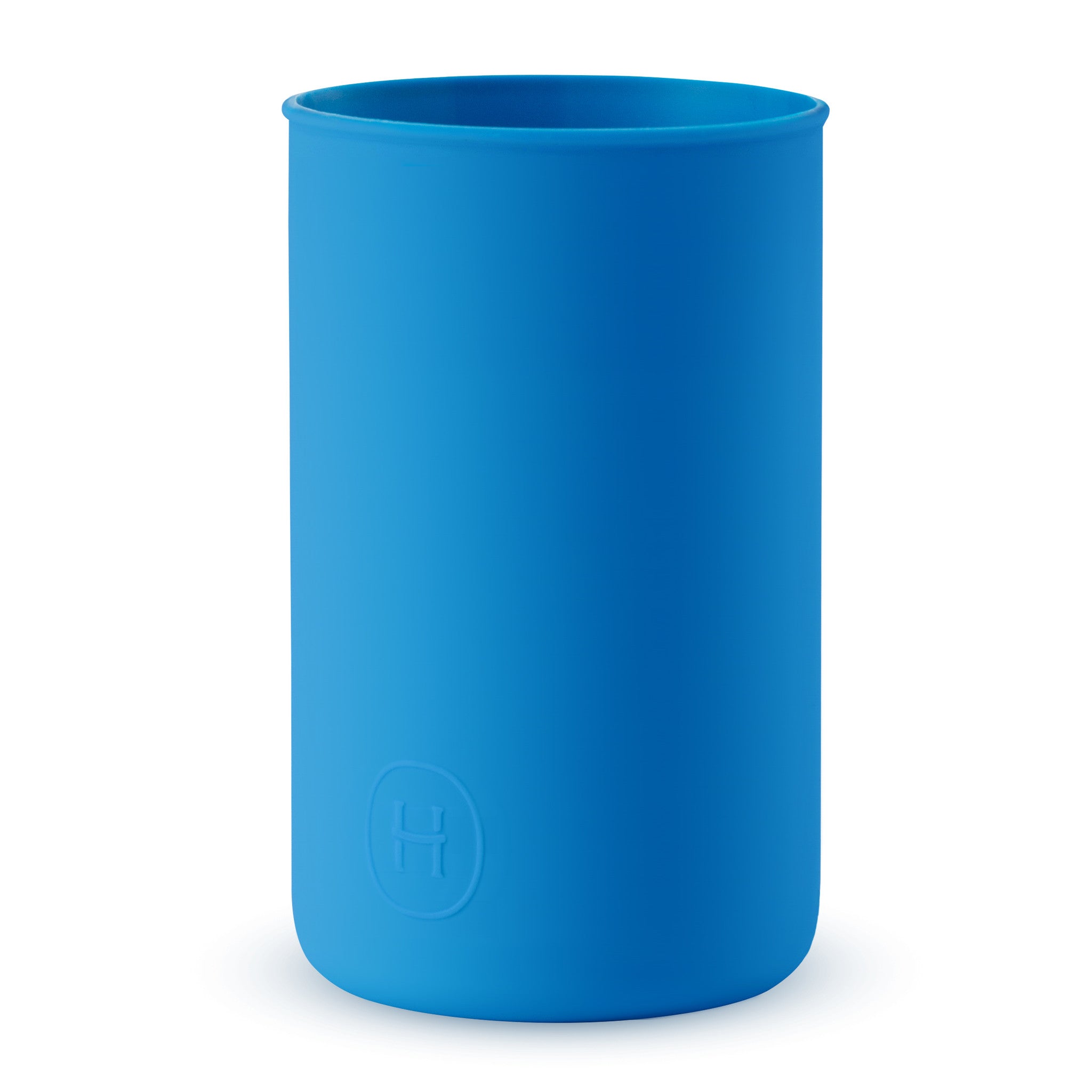 Blue HYDY silicone sleeve for 20 fl oz bottles, flexible and durable, provides a snug fit and added grip.