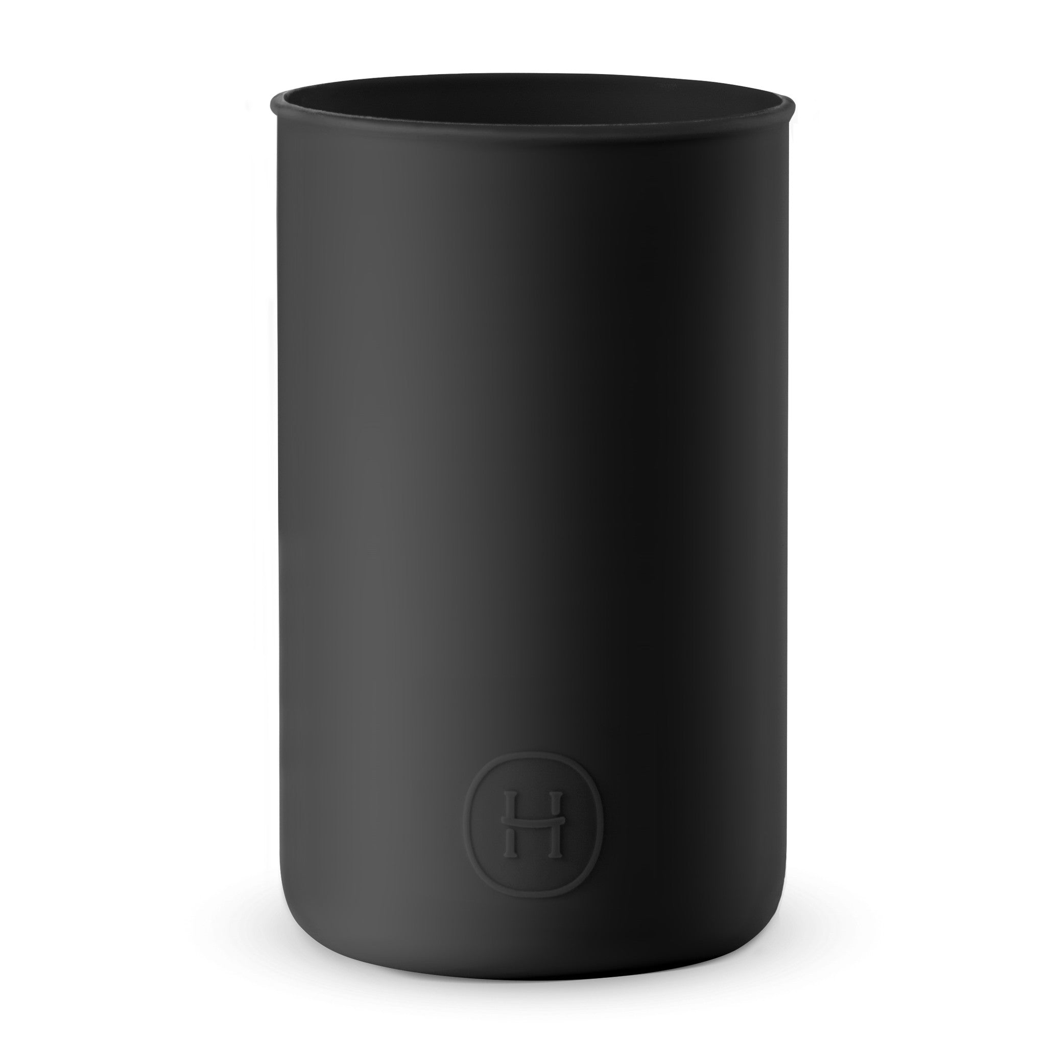 HYDY Midnight Black silicone sleeve for 20 fl oz bottles, flexible and durable, shown fitted around a beverage container.