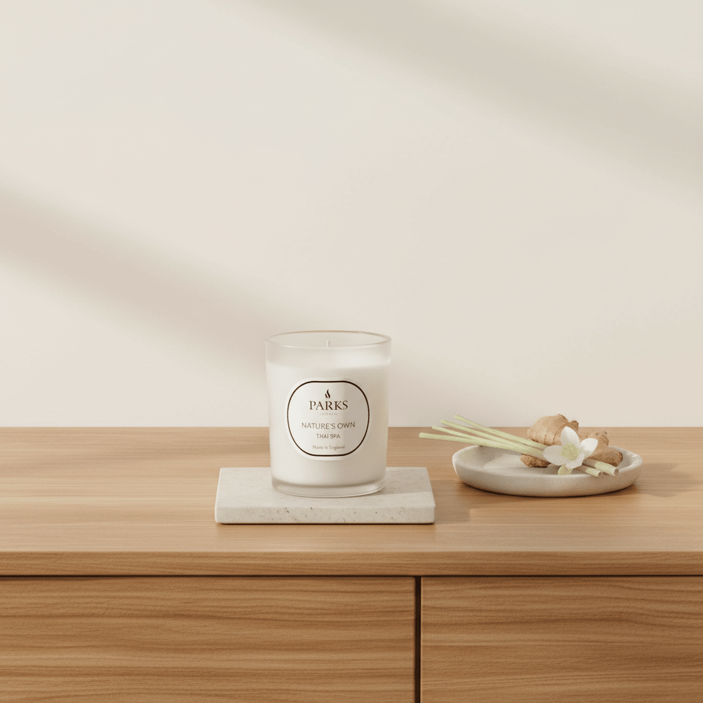 Parks Candles Natures Own 180g Thai Spa candle with a calming, natural design in a clear glass container.