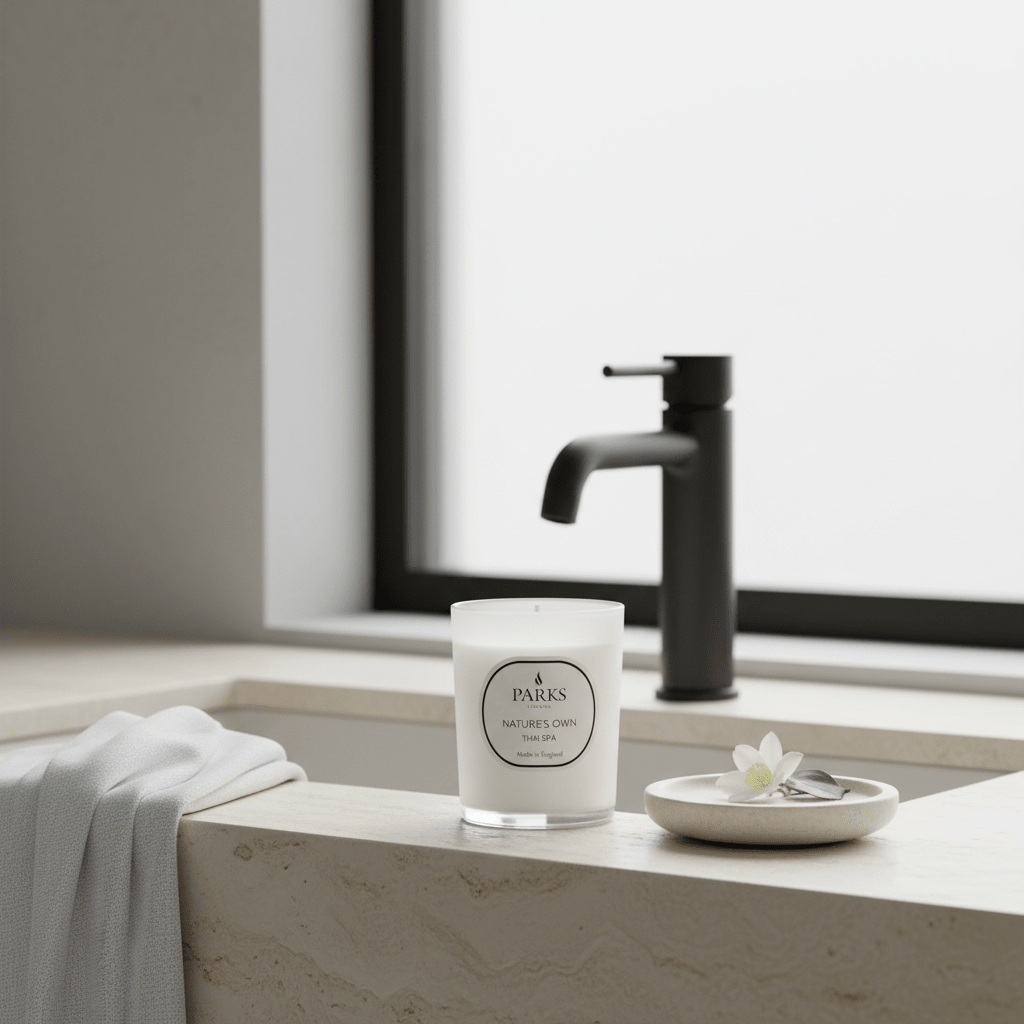 Parks Candles Natures Own 180g Thai Spa candle with relaxing, natural soy wax in a sleek glass container.