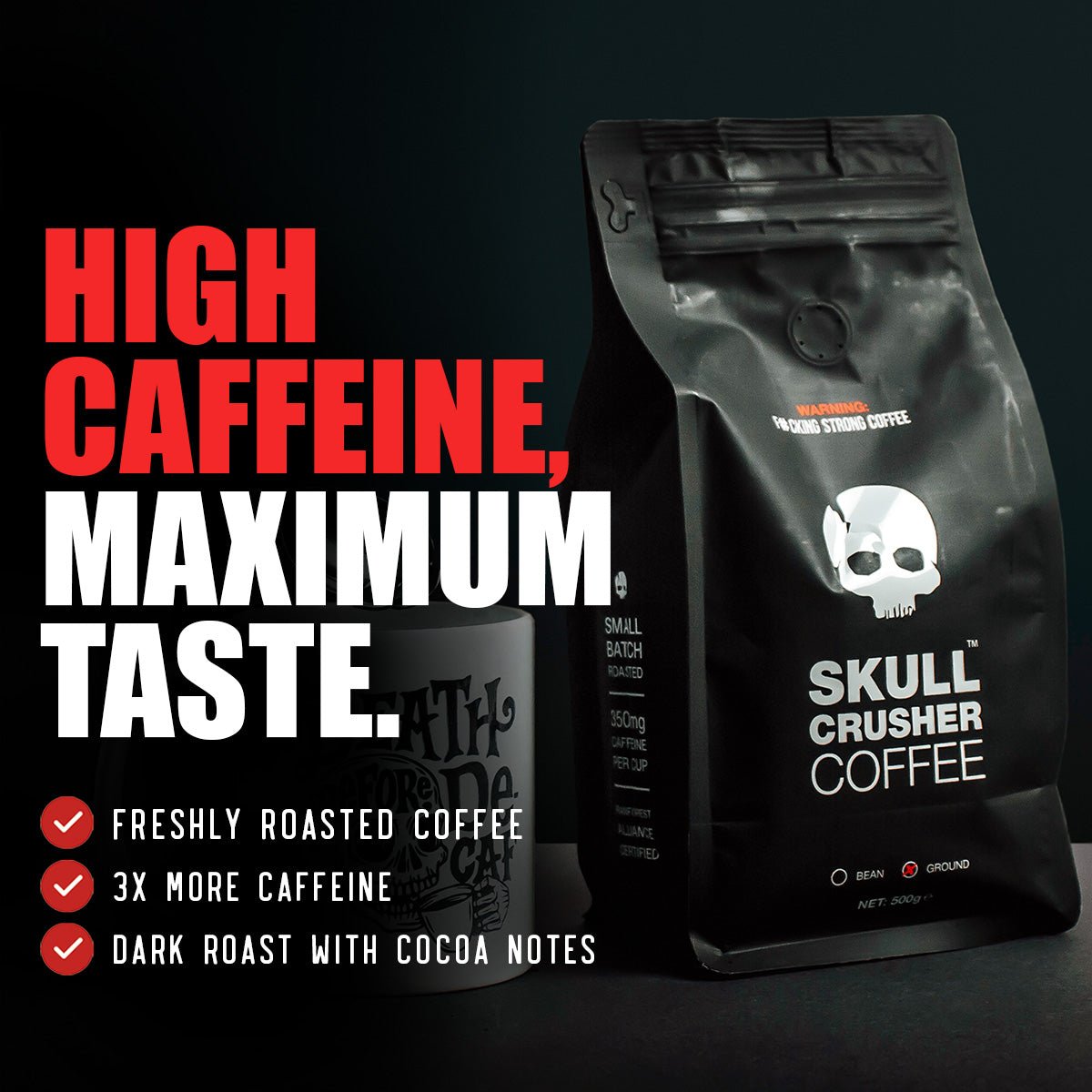 High caffeine Skull Crusher Coffee in a branded bag with bold skull logo, ready for brewing.