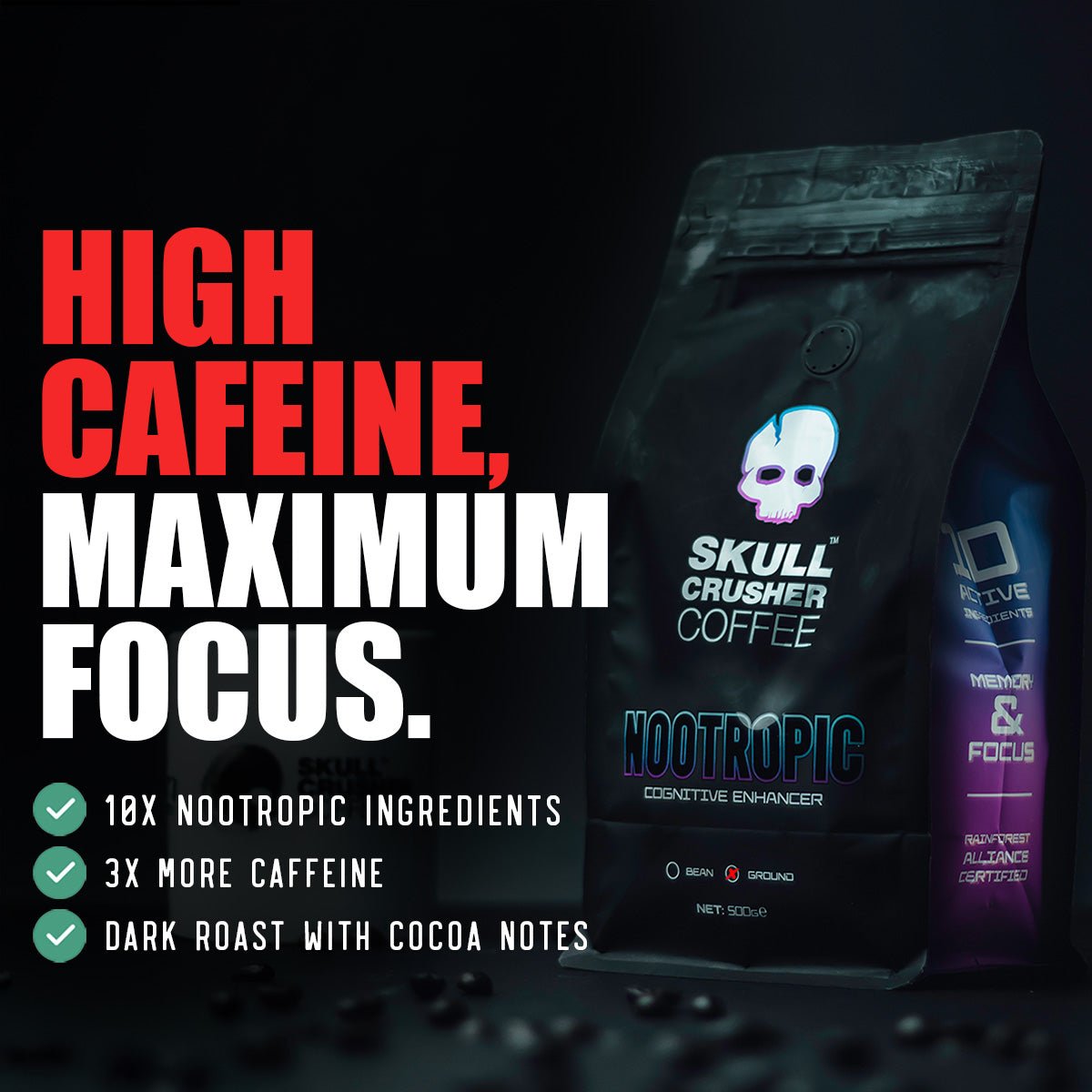 Skull Crusher Nootropic Coffee package with bold black and red design, featuring a skull graphic and product branding.