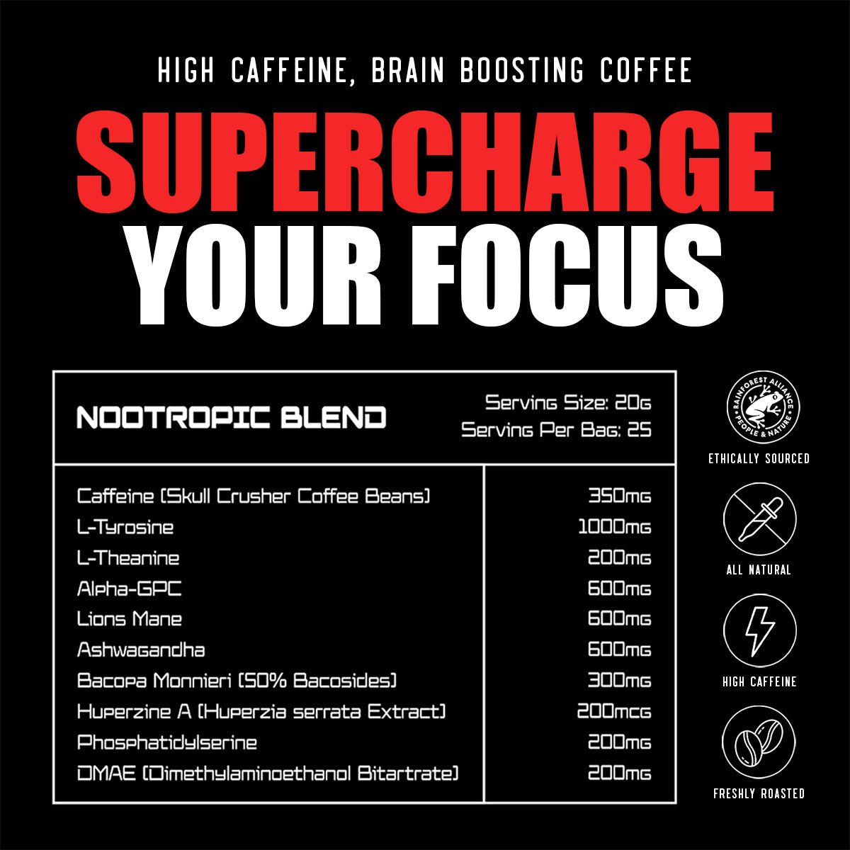 A cup of Skull Crusher Nootropic Coffee with a skull logo on the packaging, showcasing a dark roasted coffee blend in a mug.