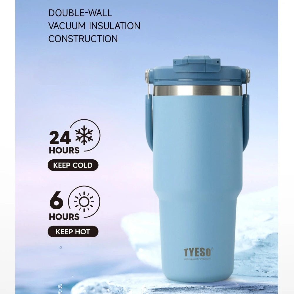 Blue insulated tumbler with temperature retention features on a light blue background