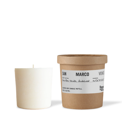 San Marco scented soy candle refill by Russell + White, 250g, with a close-up of the refill container and label.