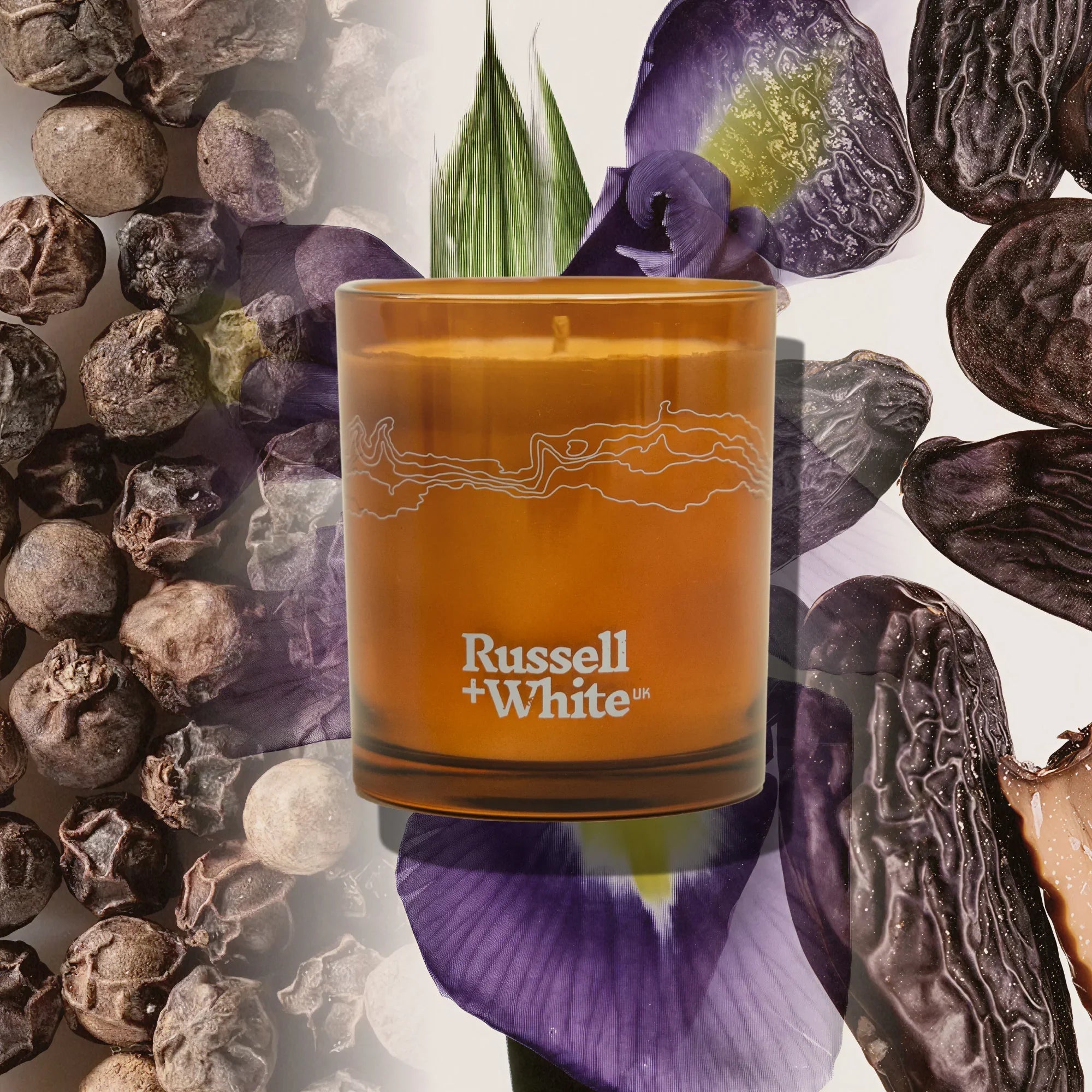 Firenze Leather scented soy candle refill by Russell + White, 250g, with leather and warm aroma notes, in a sleek refill package.