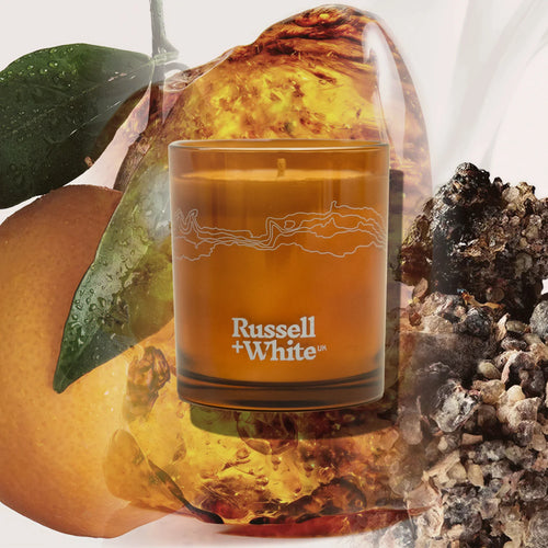 Russell + White Mystice scented soy candle in 250g jar, showcasing its elegant design and soothing aesthetic.